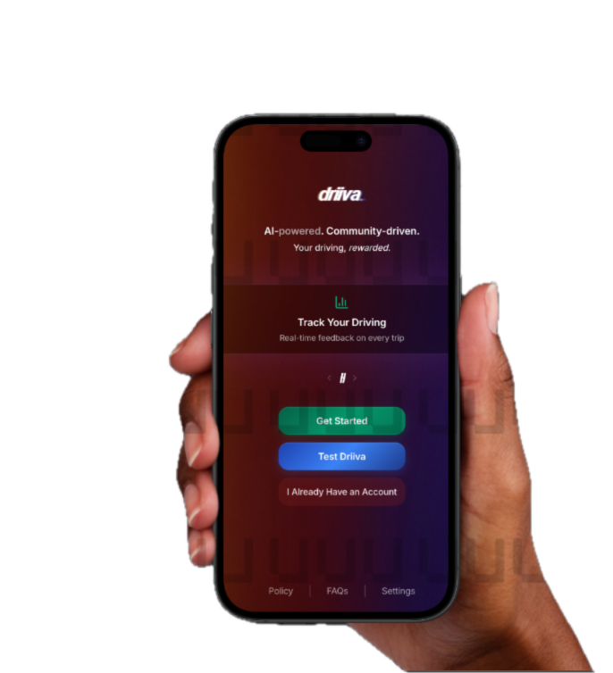 Driiva app showing AI-powered, community-driven insurance onboarding